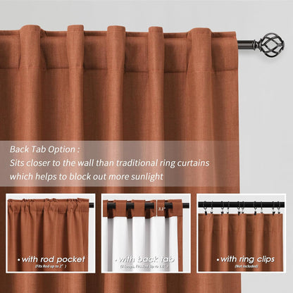 BOODII Terracotta 120 Inch Long Blackout Curtains for Living Room Linen Blend Back Tab Neutral Modern Room Darkening Curtains Thermal Insulated Black Out Curtain for High French Window Burnt Orange