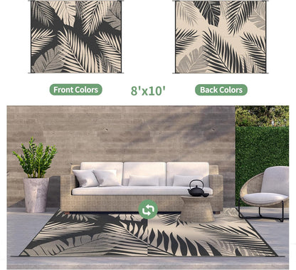 GENIMO Outdoor Rug 8' x 10' Waterproof for Patios Clearance, Reversible Outdoor Plastic Straw Camping Rug Carpet, Large Area Rugs Mats for RV, Camper, Deck, Balcony, Porch, Beach, Picnic, Black&Beige
