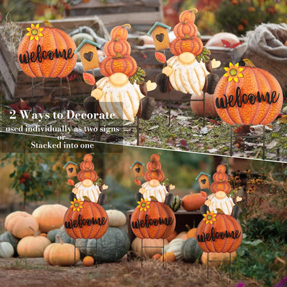 TERESA'S COLLECTIONS Fall Gnome Pumpkin Decorations for Outdoor Home, Metal Fall Decor Welcome Signs Stakes, Orange Autumn Yard Decor for Thanksgiving, Harvest Garden Patio Gift for Mom 25"