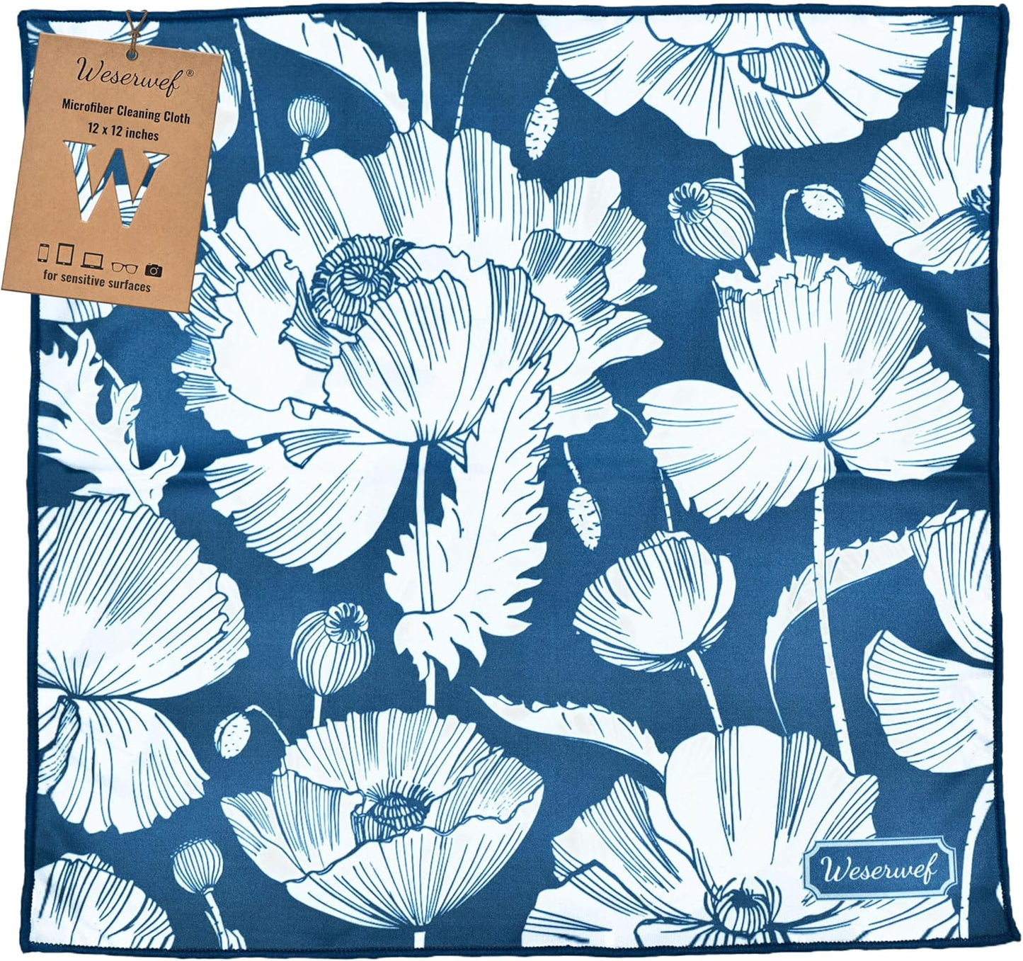 WESERWEF Design Microfiber Glasses Cleaning Cloth – Premium Cleaning Cloth for Eyeglasses, Screens, Tablets, Cameras & Lenses, 12" x 12", Ultra-Soft & Scratch-Free (Blue Poppies)