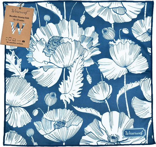 WESERWEF Design Microfiber Glasses Cleaning Cloth – Premium Cleaning Cloth for Eyeglasses, Screens, Tablets, Cameras & Lenses, 12" x 12", Ultra-Soft & Scratch-Free (Blue Poppies)