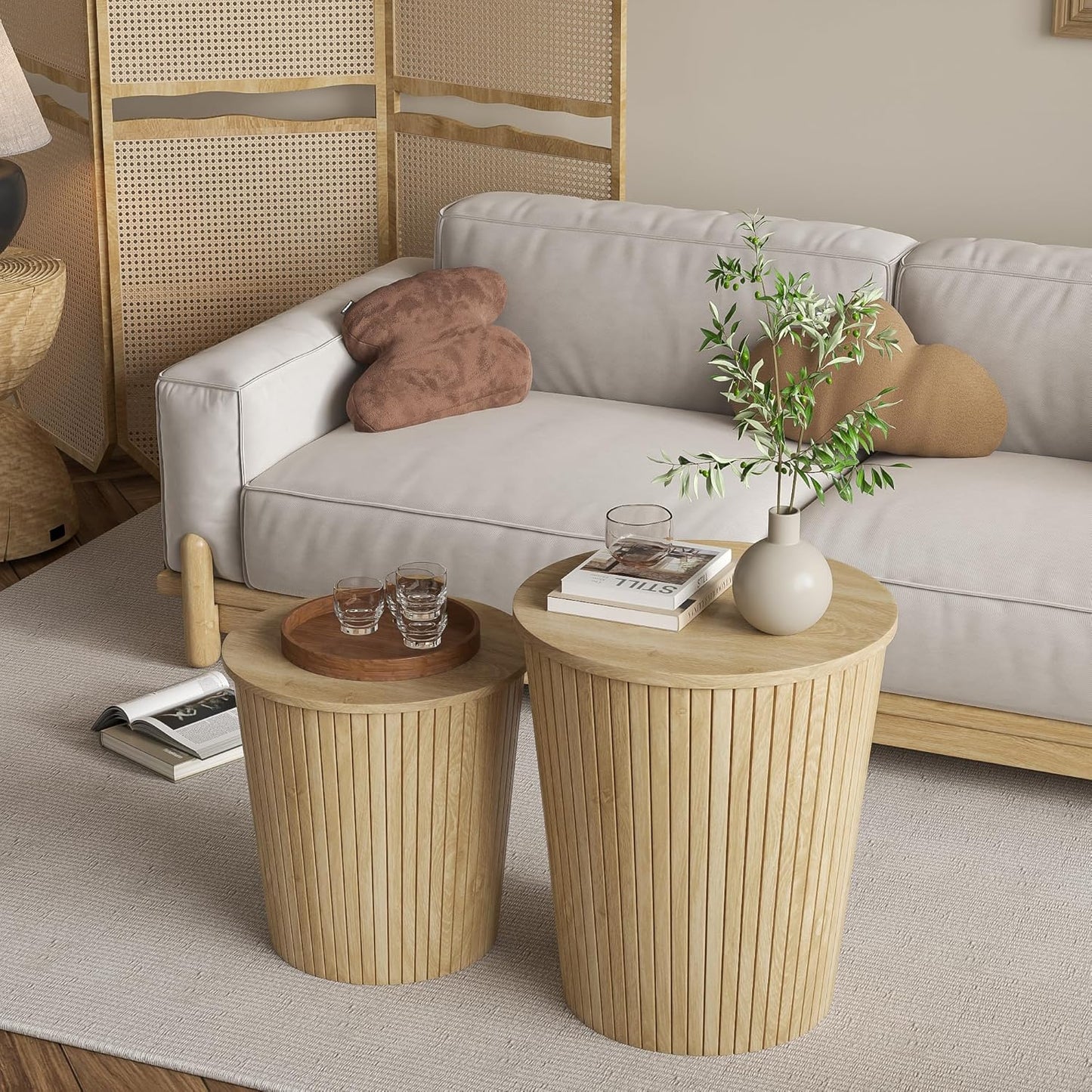 Nest Coffee Table Set of 2 with Round End Table, Farmhouse Design, Removable Wood Top and Wood Basket Base for Blanket Storage, Modern Design for Living Room