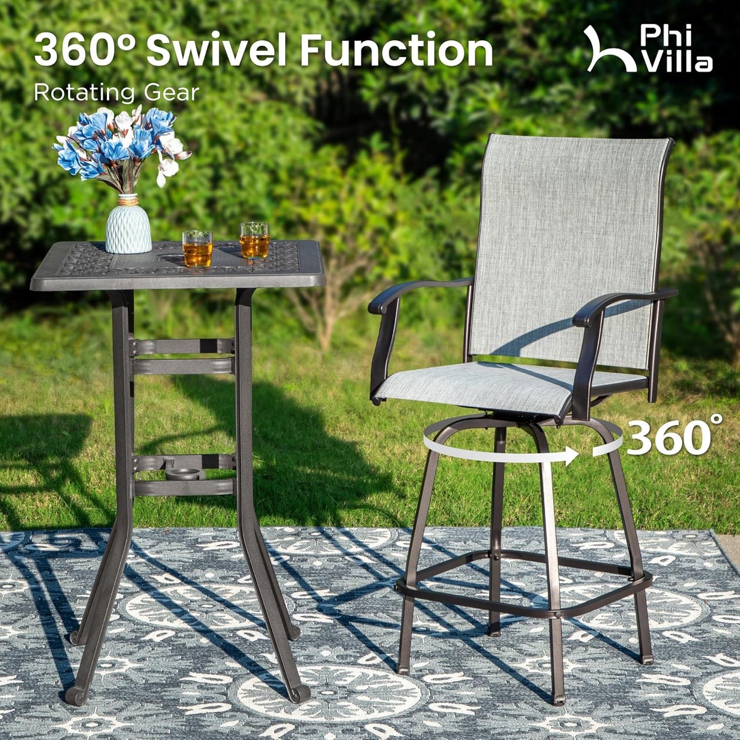 PHI VILLA 7 Piece High Top Patio Bar Set, Outdoor Bar Height Table and Chairs Dining Furniture Set with 6 Outdoor Swivel Bar Stools Grey & 1 Patio Bar Table for Garden, Yard, Terrace