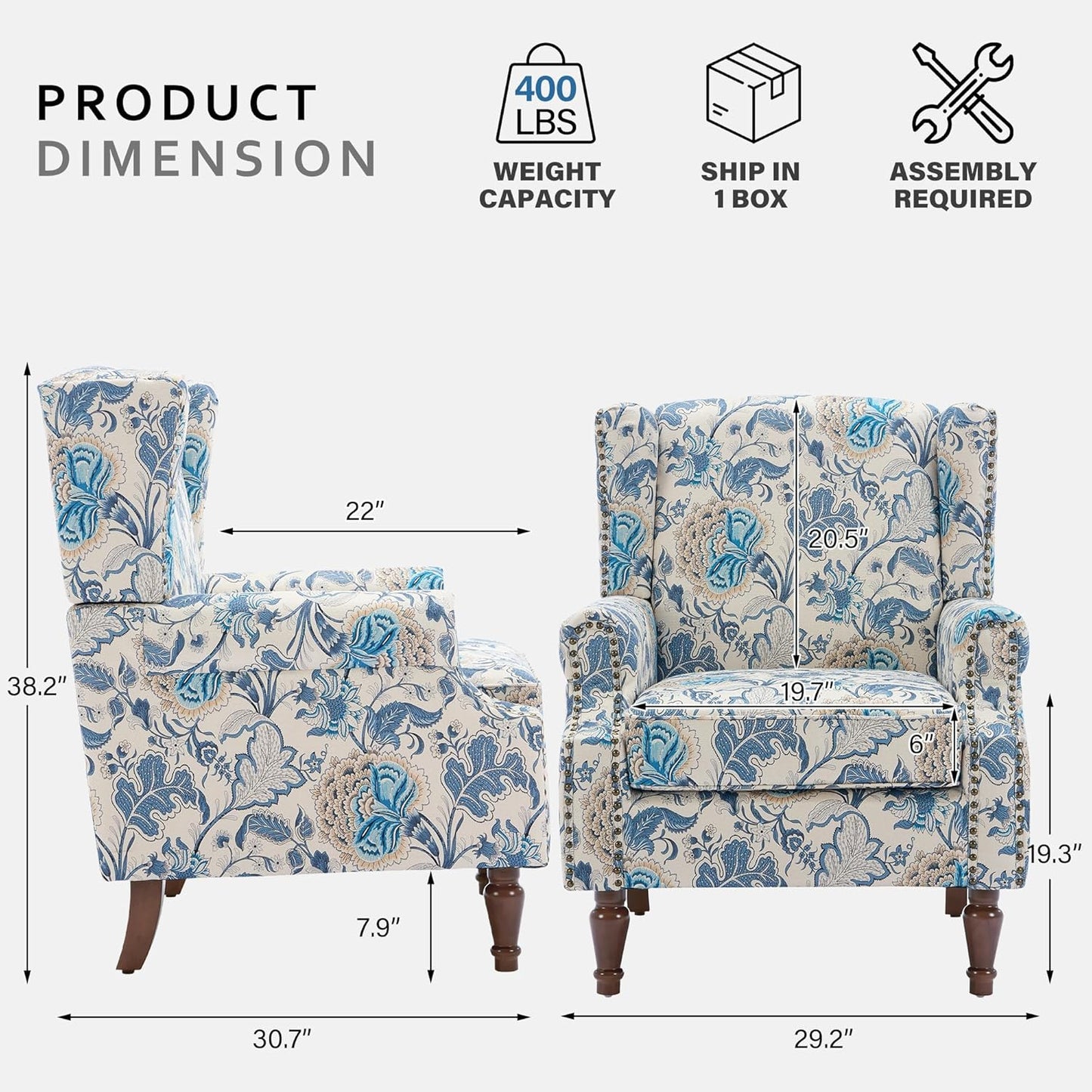 Lumibee High Back Accent Chair, Armchair in Fabric,Comfy Upholstered Wingback Single Sofa Reading Chair with Solid Wood Legs for Living Room,Bedroom,Office-Boho Blue