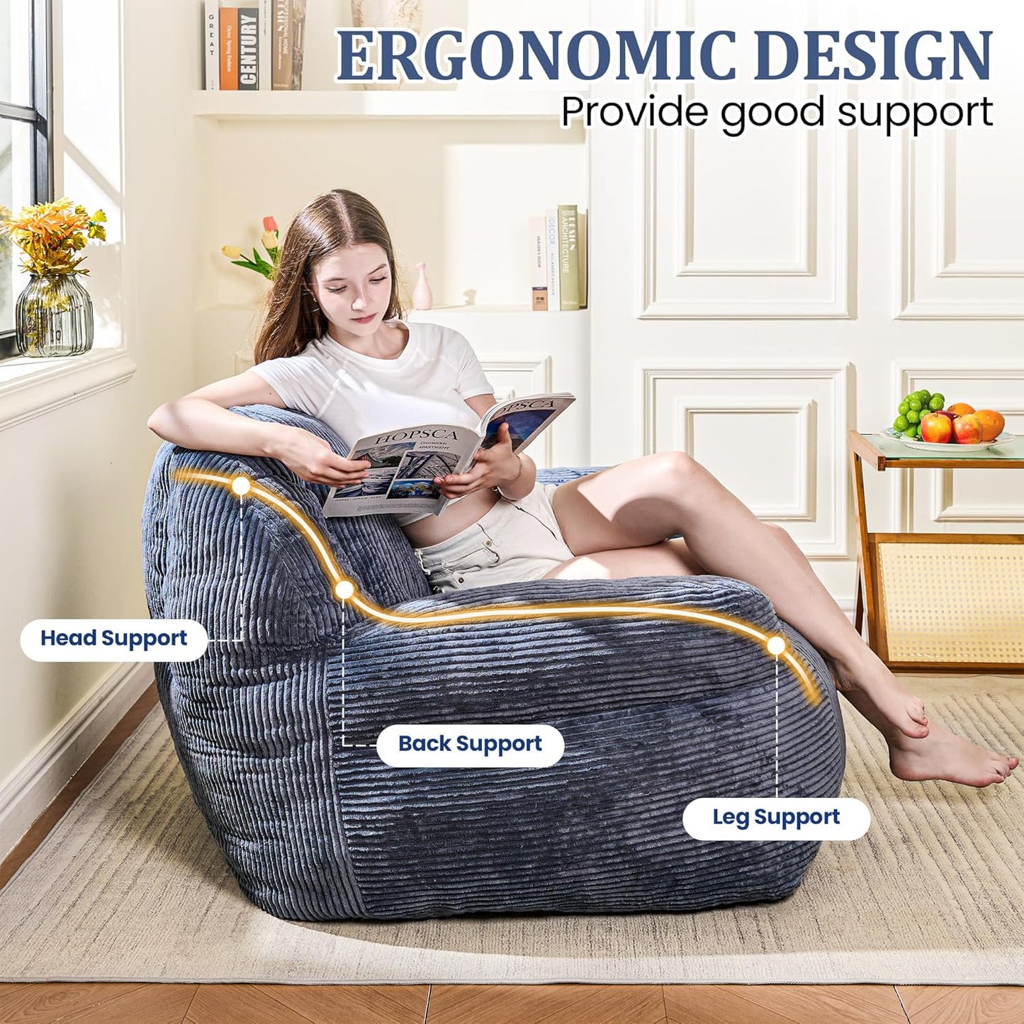 Giant Bean Bag Chair, Faux Fur Bean Bag Chair for Adults, Fluffy and Comfy Bean Bags with Filler, Big Bean Bag Sofa Chair for Reading, Gaming, Stuffed High-Density Foam, Grey