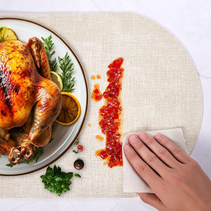 DOLOPL Placemats Set of 6, Oval Large Beige Place Mats for Kitchen Dining Room Table Decorations, Faux Leather Anti Slip Waterproof Dining Table Place Mats for Indoor & Outdoor Use(13.8"x21.6")