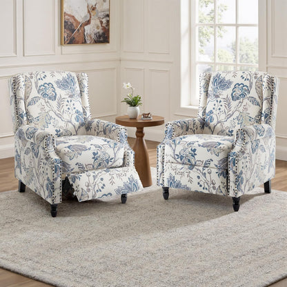 UIXE Floral Pushback Recliner Chairs Set of 2, Fabric Upholstered Armchair Push Back Accent Chair for Living Room, Rivet Trim Club Chair Home Theater Single Sofa Reading Seat - Blue Plants