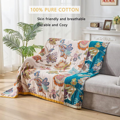 Boho Throw Blanket for Bed Couch 100% Cotton Woven Bed Throws for Summer, Lightweight and Soft Cozy Farmhouse Reversible Muslin Decorative Blanket for Travel Picnic, Teal/Cream, 80"x90"