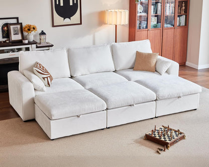 Oversized Modular Sofa Comfy Cloud Couch with Storage, Extra Deep Plush Sectional Sofa Set for Living Room, Covers Washable, Chenille, Olar (White, 6-Seater with 3 Ottomans, Sleeper)