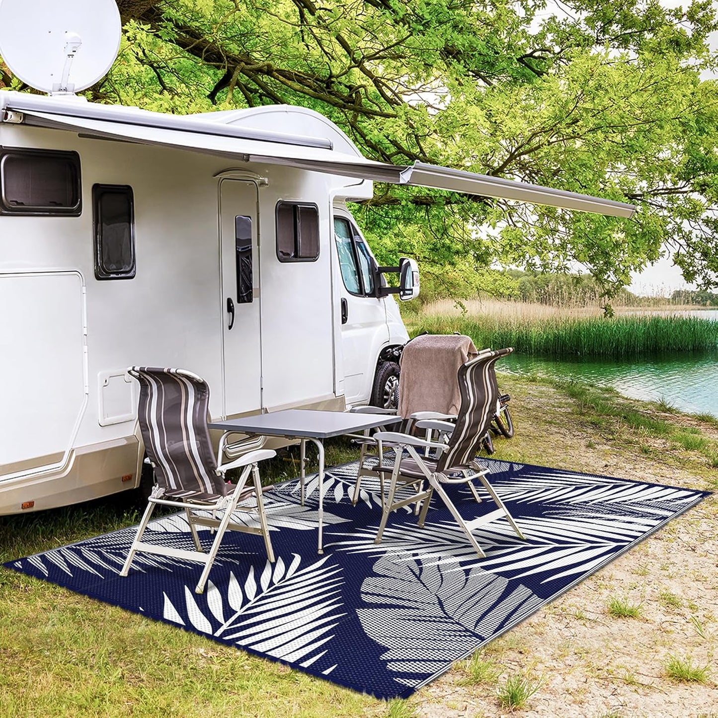 GENIMO Outdoor Rug 4' x 6' Waterproof for Patios Clearance, Reversible Outdoor Plastic Straw Camping Rug Carpet, Large Area Rugs Mats for RV, Camper, Deck, Balcony, Porch, Beach, Navy Blue&White