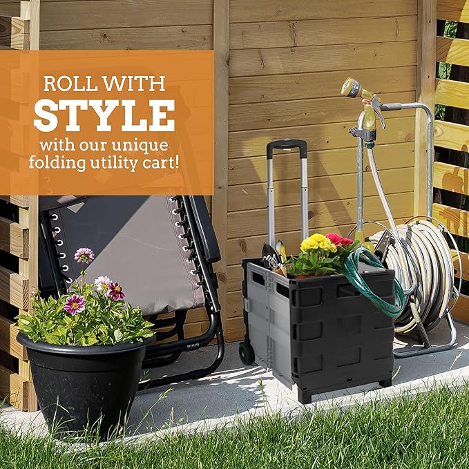 Inspired Living Ultra-Slim Rolling Collapsible Storage Pack-N-Roll Utility-carts, with Telescopic Handle, for Home, Garden, Shopping, Office, School use, Medium, Grey & Black