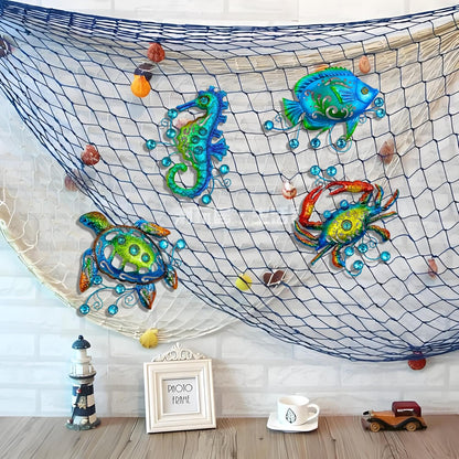 Metal Ocean Beach Theme Wall Decor Art, Set of 4 Sea Turtle Seahorse Crab Tropical Fish Indoor Bathroom Décor, 11 Inch Deep Blue Sea Wall Christmas Decoration, Metal Outdoor Yard Art Decorations