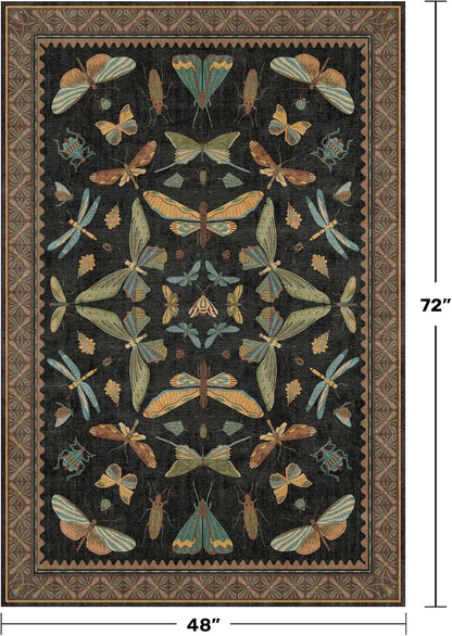 Insect Print Washable 4x6 Entryway Rug - Non-Slip Low Pile Area Rug for Large Kitchen, Bedroom, Office - Ultra Soft Aesthetic Decor, Black & Brown
