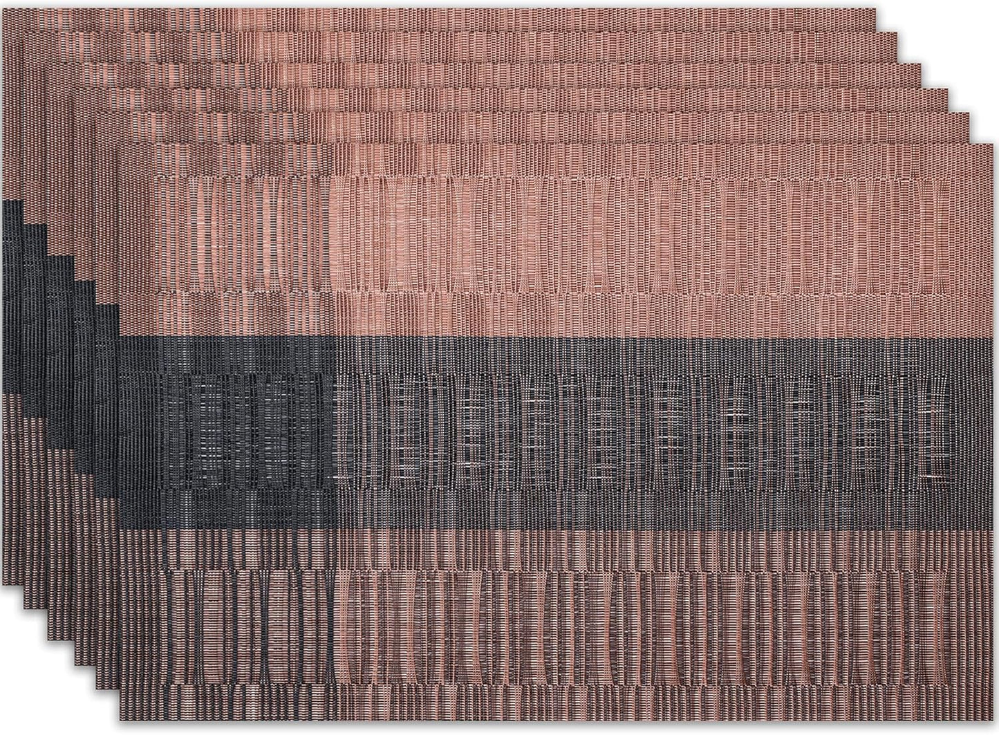 Placemats Set of 6 Washable Indoor/Outdoor Vinyl Place Mats for Dining Table Durable Non-Slip Heat Resistant PVC Weave Table Mats(Brown Black)