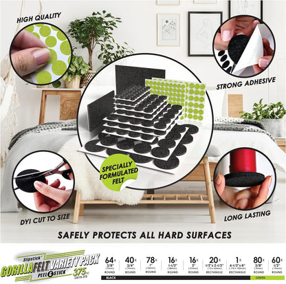 Slipstick Gorilla Felt Furniture Pads (375 Piece Variety Pack) Premium Furniture Pads & Chair Leg Floor Protectors for Hardwood Floors & Hard Surfaces