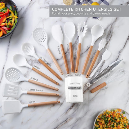 Country Kitchen Non Stick Silicone Utensil Set with Rounded Wood Handles for Cooking and Baking, 14 Piece Set, White