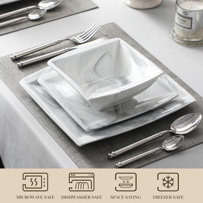 MALACASA Plates and Bowls Sets, 12-Piece Porcelain Dinnerware Sets for 4, Square Plates and Bowls for Dessert, Salad and Soup, Ceramic Dishes Dining Dishware Set, Marble Grey, Series Blance