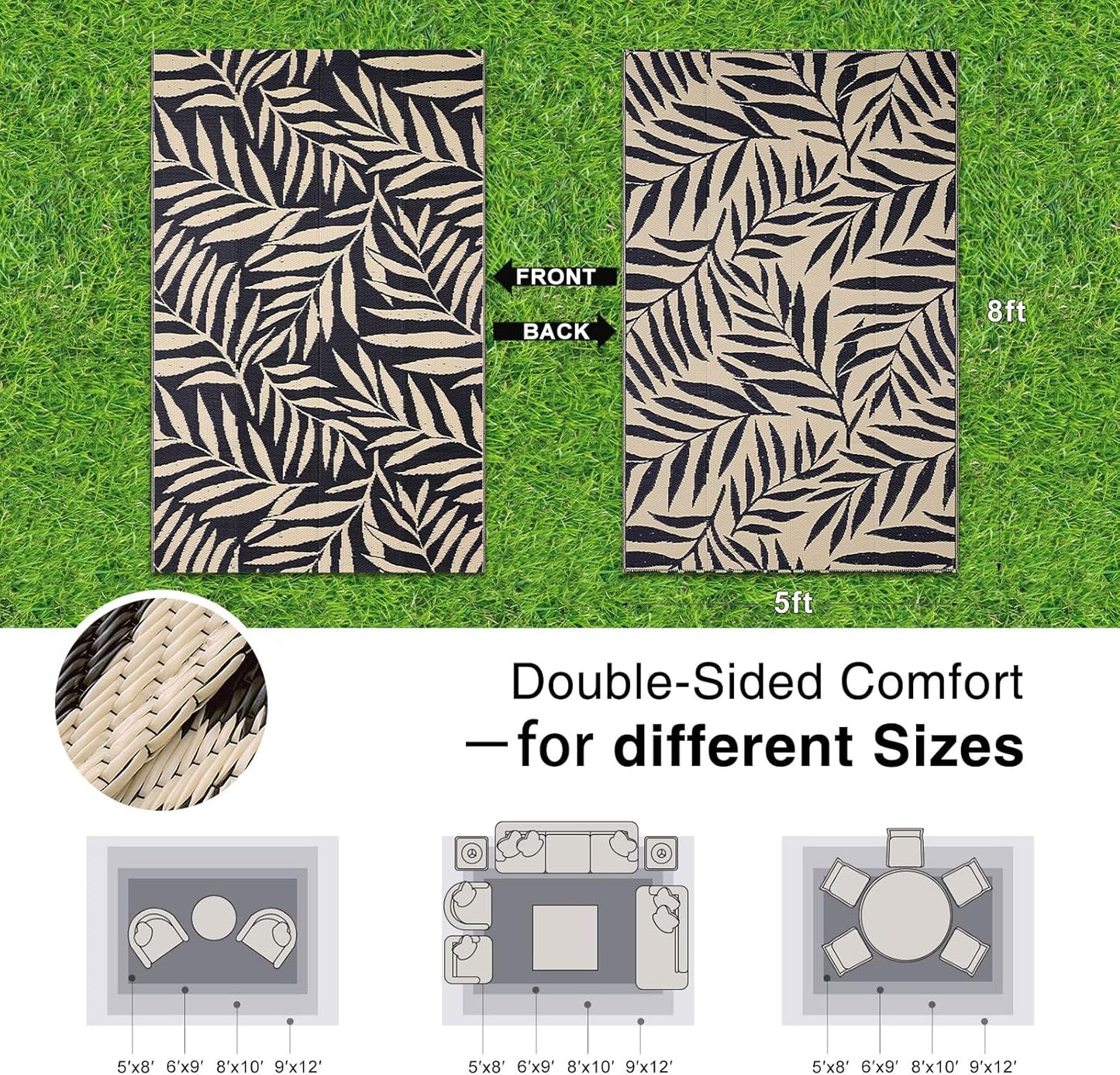 OLANLY Waterproof Outdoor Rug 5x8 ft, Reversible Outdoor Plastic Straw Rug with Leaf Pattern, RV Mat, Indoor Outdoor Carpet for Patio, Camping, Balcony, Deck, Backyard, Black & Beige
