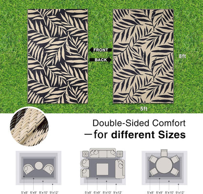 OLANLY Waterproof Outdoor Rug 5x8 ft, Reversible Outdoor Plastic Straw Rug with Leaf Pattern, RV Mat, Indoor Outdoor Carpet for Patio, Camping, Balcony, Deck, Backyard, Black & Beige