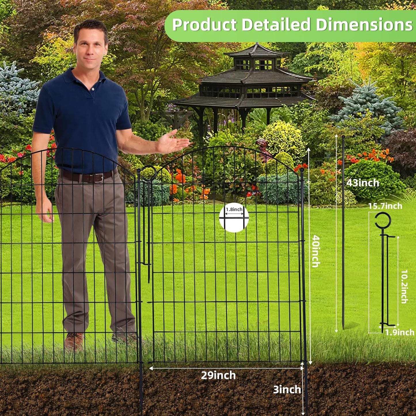 Decorative Garden Fence 40in (H) x12ft (L), 5 Pack No Dig Fence Animal Barrier for Dog with Lock, Arched Flower Bed Edging, Wire Border Panel Fencing for Yard Patio Outdoor Decor