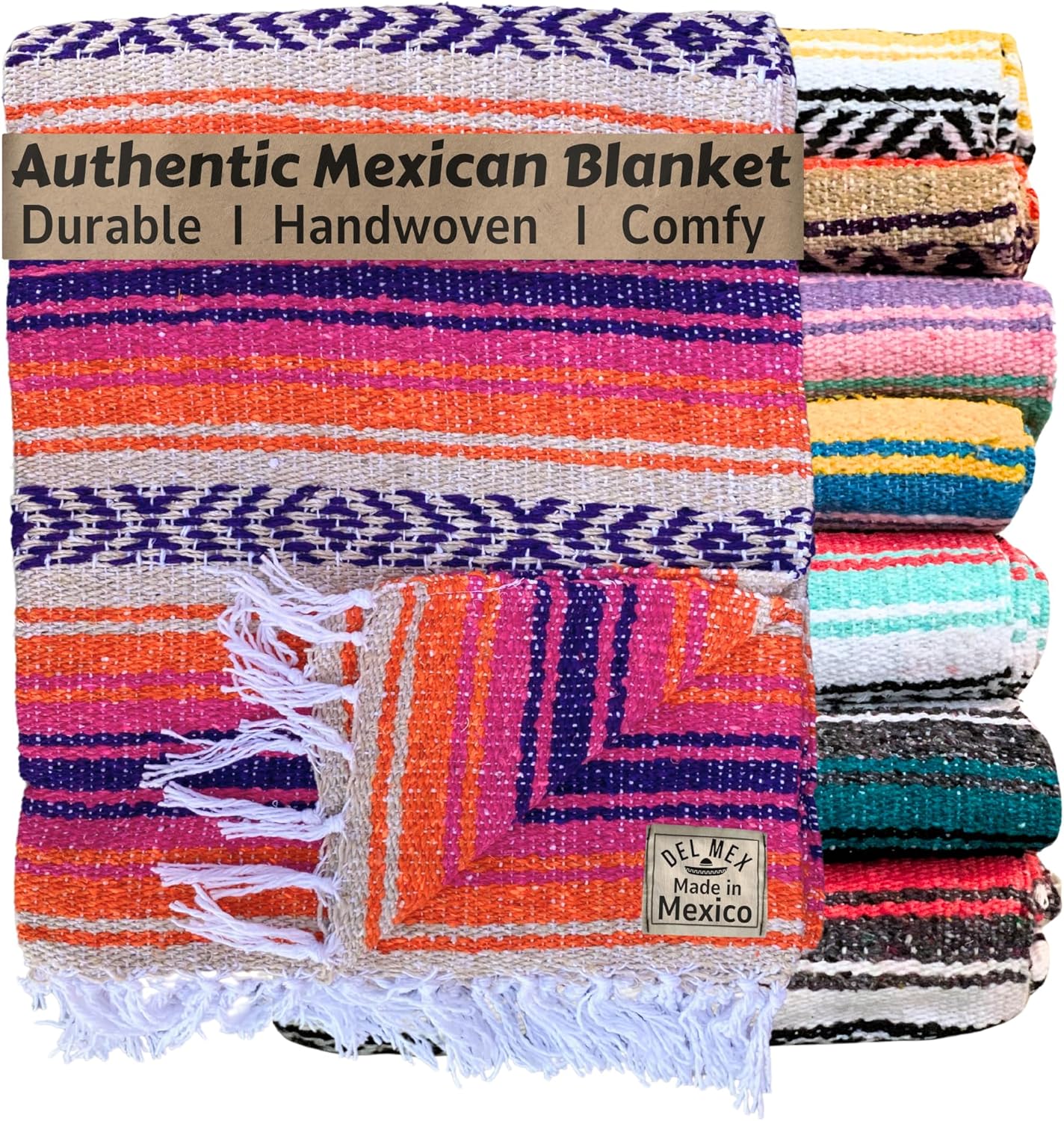 Del Mex Classic Mexican Blanket, Large Authentic Woven Falsa Throw (70"x50"), Artisan Southwest Décor for Beach, Yoga, Outdoors (Pink/Orange)