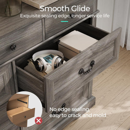 LINSY HOME Farmhouse 9-Drawer Dresser - Grey Chest of Drawers for Bedroom and Living Room Organization, Wood Dresser with Ample Storage Space and Rustic Charm, Grey