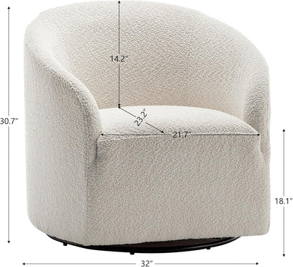 KINWELL 32" Wide Modern Boucle Swivel Barrel Chair, No Assembly Round Upholstered Swivel Accent Armchair for Living Room, Bedroom, Office (White)