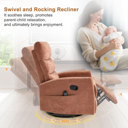 Manual Swivel Rocker Recliner Chair for Adults, Overstuffed Reclining Glider Chair for Nursing with Vibration Massage & Heat, Living Room Rocking Recliner 3-Stage backrest, Chenille Fabric Orange