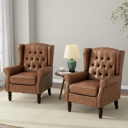 Accent Chair, Upholstered Armchair with Button Tufted High Back & Solid Wood Legs, Comfy Wingback Reading Single Sofa Chair for Small Spaces, Living Room, Bedroom (Leather Brown, Set of 2)