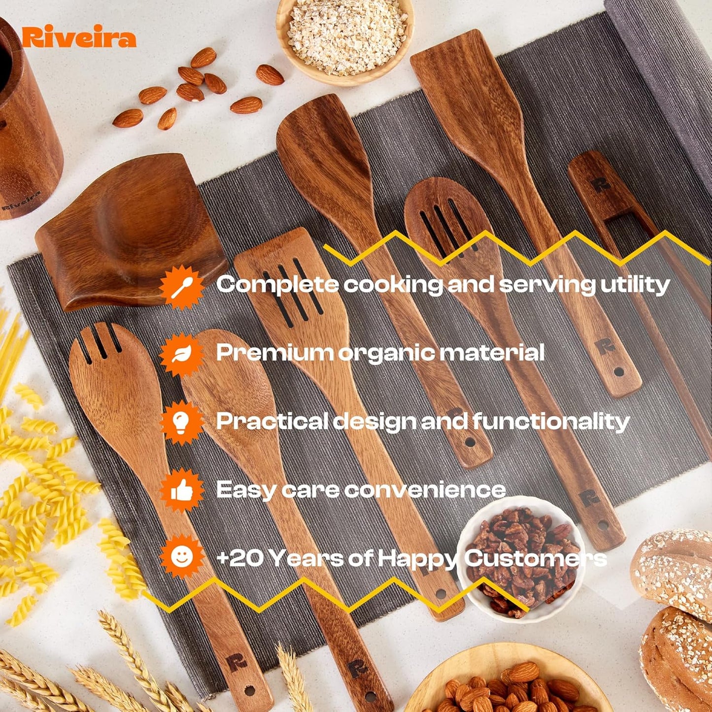 Riveira Walnut Wooden Spoons for Cooking Set of 9 – Natural Walnut Wooden Cooking Utensils, Spatula, Spoon - Premium Quality Utensil Set for Non-Toxic Cooking