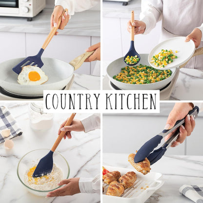 Country Kitchen Non Stick Silicone Utensil Set with Rounded Wood Handles for Cooking and Baking, 38 Piece Set, Navy
