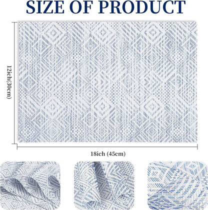 Vinyl Plastic Placemats Set of 6 Washable Heat Resistant Non-Slip Elegant Indoor Outdoor Kitchen Dining PVC Woven Table Place Mats (Blue Squares)