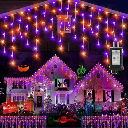 KNONEW 99FT 1216 LED Halloween Lights Decortation Orange Purple String Lights Outdoor with 228 Drops, 8 Lighting Modes, Timer Memory Function Hanging Curtain Lights for Halloween Party Decor