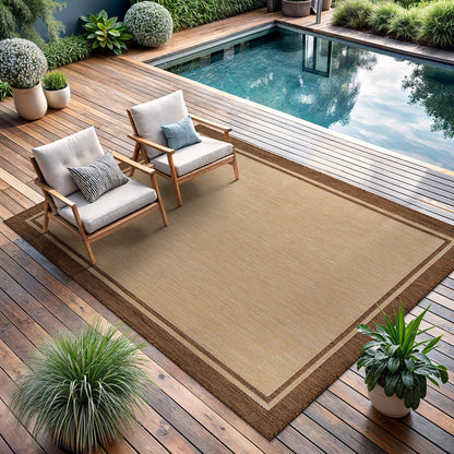 CAMILSON Indoor Outdoor Rug, 10x14 Bordered Natural Brown Modern Large Area Rugs for Indoor and Outdoor Patios, Kitchen and Hallway Mats, Washable Porch Deck Outside Carpet (Jute, 10 x 14)