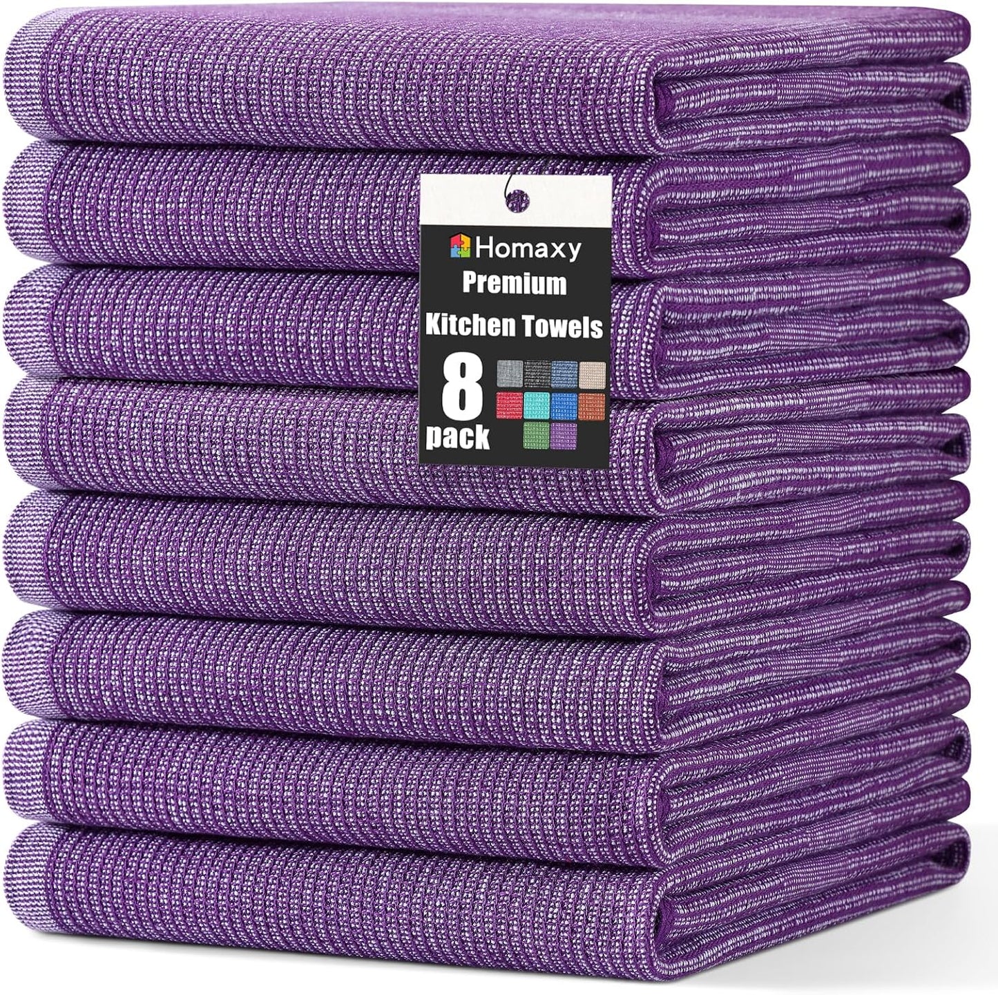 Homaxy Premium Kitchen Towels(18”x 28”, 8 Pack), Large Cotton Kitchen Hand Towels, Flat and Terry Dish Towels, 380 GSM Highly Absorbent Tea Towel Set with Hanging Loop, Purple