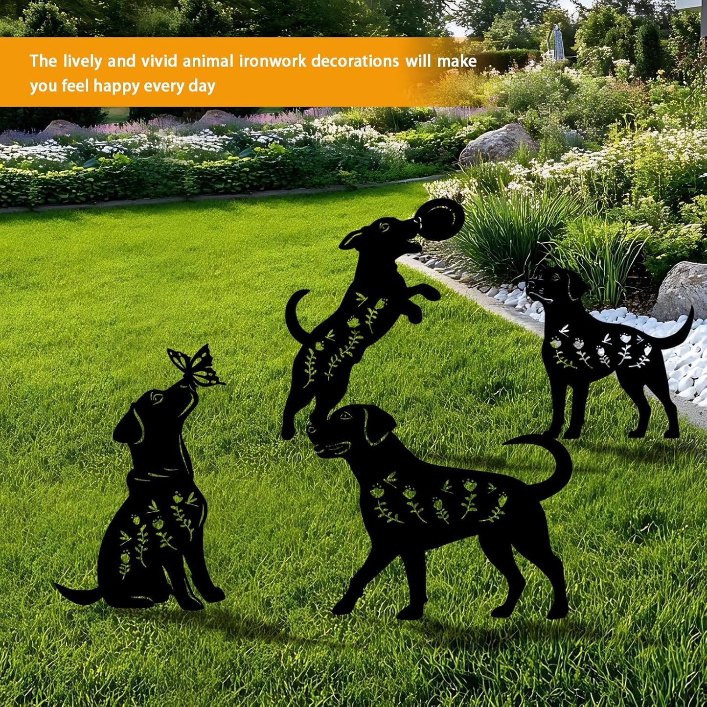 4 Pack Dog Metal Garden Decorative Stakes, Weather Proof Puppy Silhouette Statues for Yard, Patio,Outdoor Decor for Dog Lovers and Pet Owners