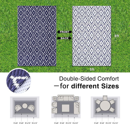 OLANLY Outdoor Rug 5x8 ft Waterproof, Outdoor Plastic Straw Rug with Geometric Pattern Clearance, Reversible RV Mat for Patio, Camping, Balcony, Deck, Backyard, Navy & White