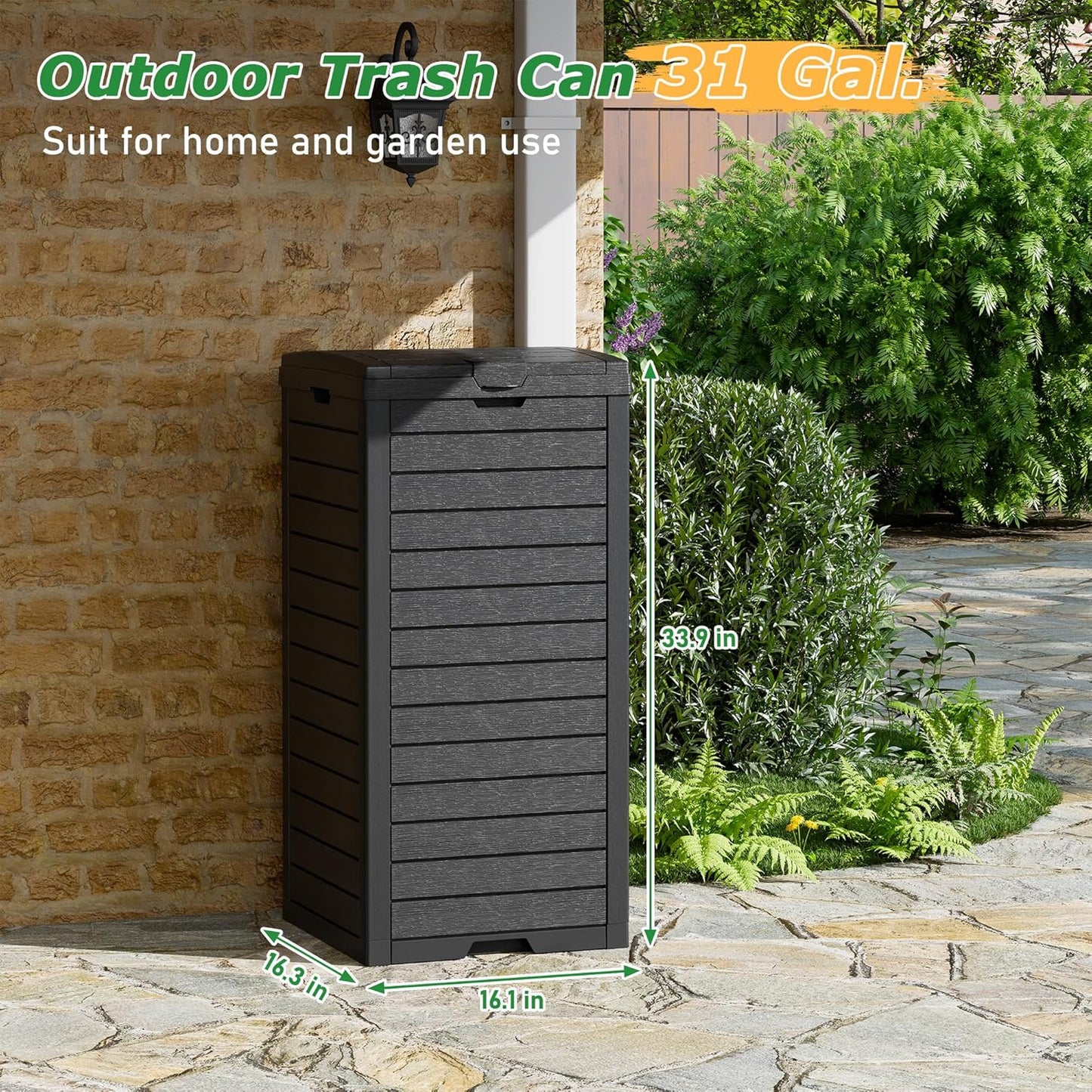 NUNU LAB 31 Gal Outdoor Trash Can with Lid - Heavy Duty Waterproof Resin, Removable Drip Tray, Fits 33-40 Gallon Bags - Large Garbage Bin for Patio, Backyard, Deck