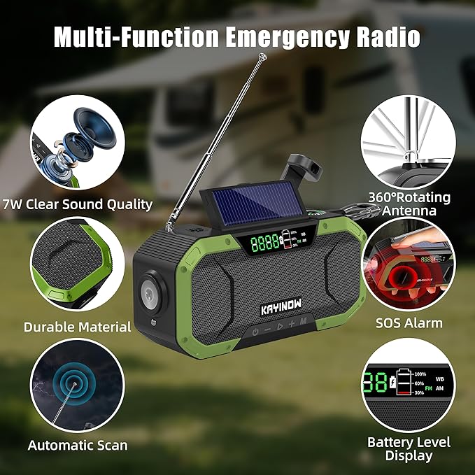 Hand Crank Emergency Radio,Portable AM FM NOAA Weather Radio,Solar Power,Battery Operated,USB Charging Flashlight,Cell Phone Charger,Waterproof,SOS for Camping,Power Outage,Survival Storm