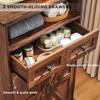 Farmhouse Bathroom Storage Cabinet, 24" Wide Floor Cabinet w/Barn Doors, Adjustable Shelf & Drawer, Cabinets for Bathroom, Kitchen, or Living Room, Brown