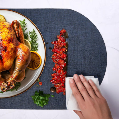 DOLOPL Placemats Set of 6, Oval Large Place Mats for Kitchen Dining Room Table Decorations, Navy Blue Faux Leather Anti Slip Waterproof Dining Table Place Mats for Indoor & Outdoor Use(13.8"x21.6")