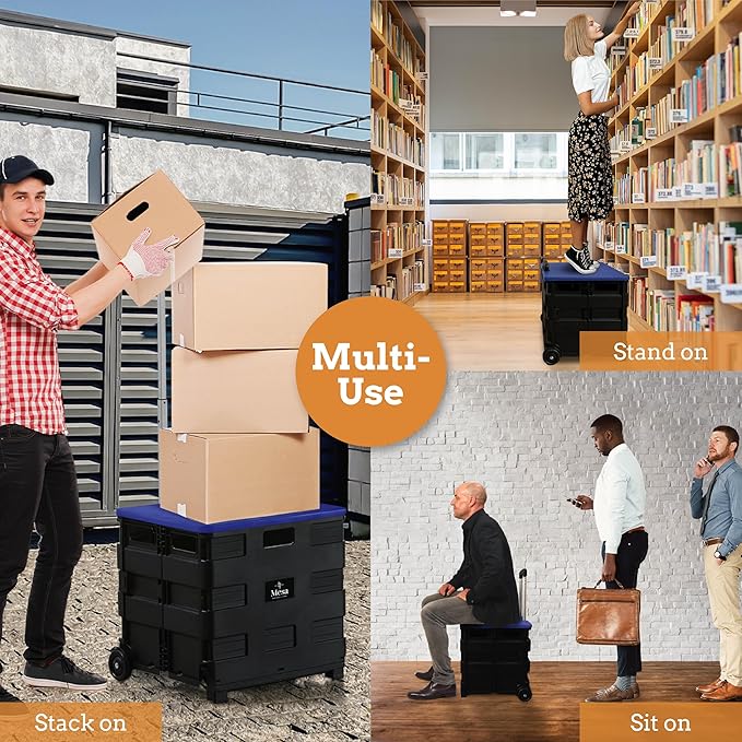 Inspired Living Collapsible Ultra-Slim Pack-N-Roll,2 Wheel Utility Cart w/Lid Used as Seat up to 250 Lbs, Telescopic Handle - Super Strong, for Home, Garden, Shopping, Office, School use, Large, Blue