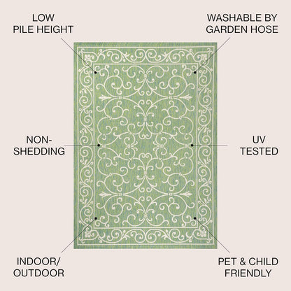 JONATHAN Y Vintage Filigree Indoor Outdoor Area Rug 5X8 Green/Ivory, Charleston Textured Weave for Backyard, Patio, Porch, Easy-Cleaning, High Traffic, Pet-Friendly, Non-Shedding (SMB106K-5)