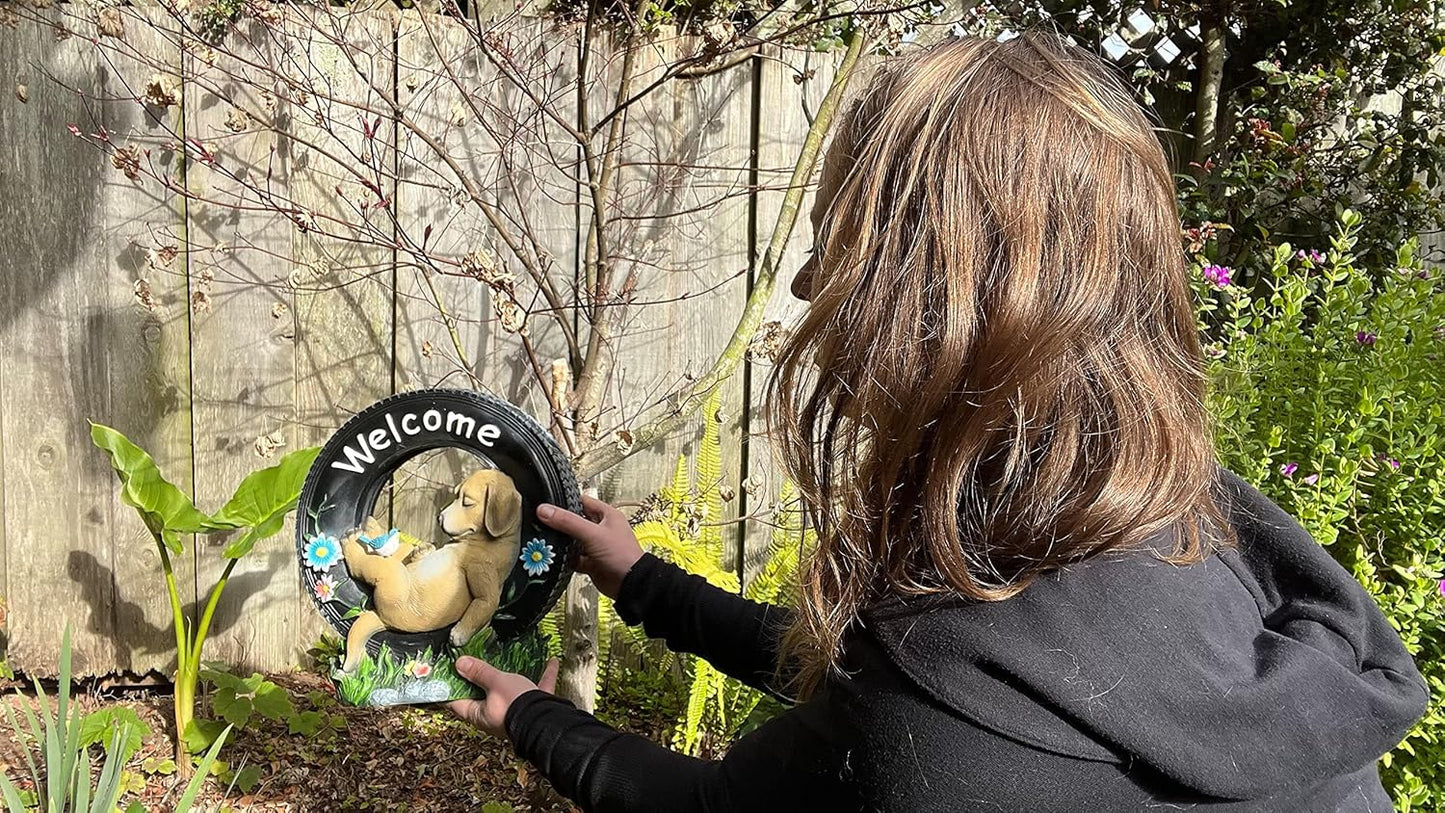 VP Home Chillaxing Welcome Puppy Dog Solar Powered LED Garden Light Welcome Chillax Puppy Statue Outdoor Funny Figurine Decor for Patio, Yard, Lawn