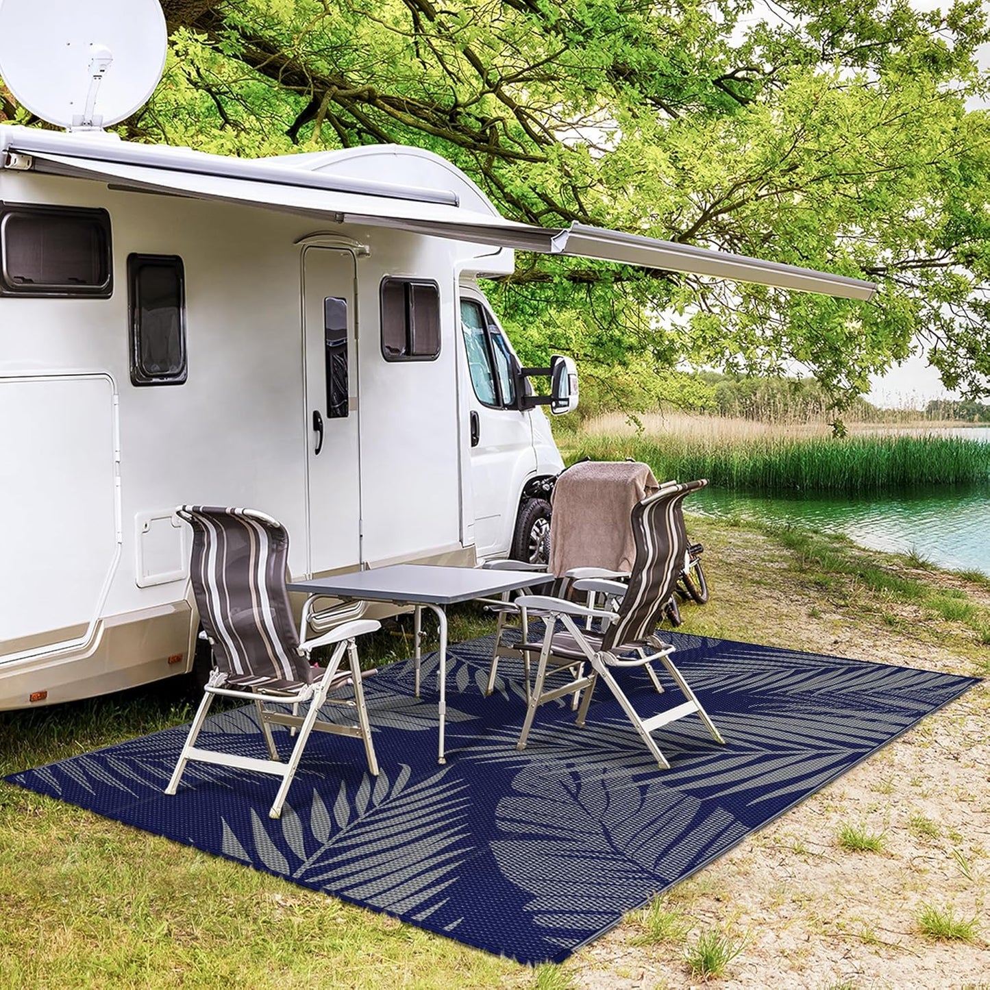 GENIMO Outdoor Rug 6' x 9' Waterproof for Patios Clearance, Reversible Outdoor Plastic Straw Camping Rug Carpet, Large Area Rugs Mats for RV, Camper, Deck, Balcony, Porch, Beach, Picnic Navy Blue&Grey