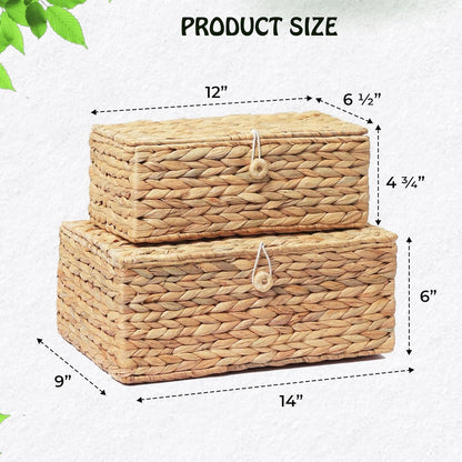 Set of 2 Rectangular Wicker Storage Bins with Lid, Rattan Basket Decorative Boxes, Multipurpose Organizer Display Boxes for Shelf Organizer, Boho Rattan Box for Home Decoration