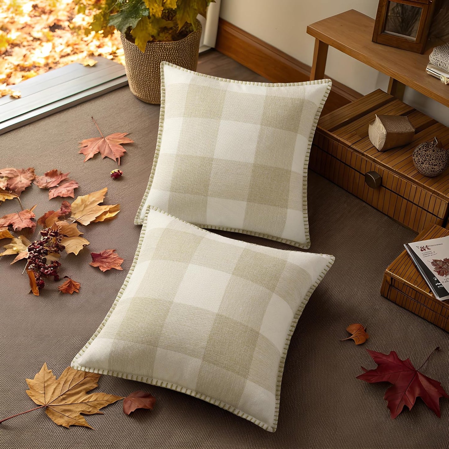decorUhome Buffalo Plaid Check Fall Throw Pillow Covers 20x20 Set of 2, Outdoor Decorative Farmhouse Pillow Covers with Stitched Edge for Bed Couch Sofa, Cream White and Beige