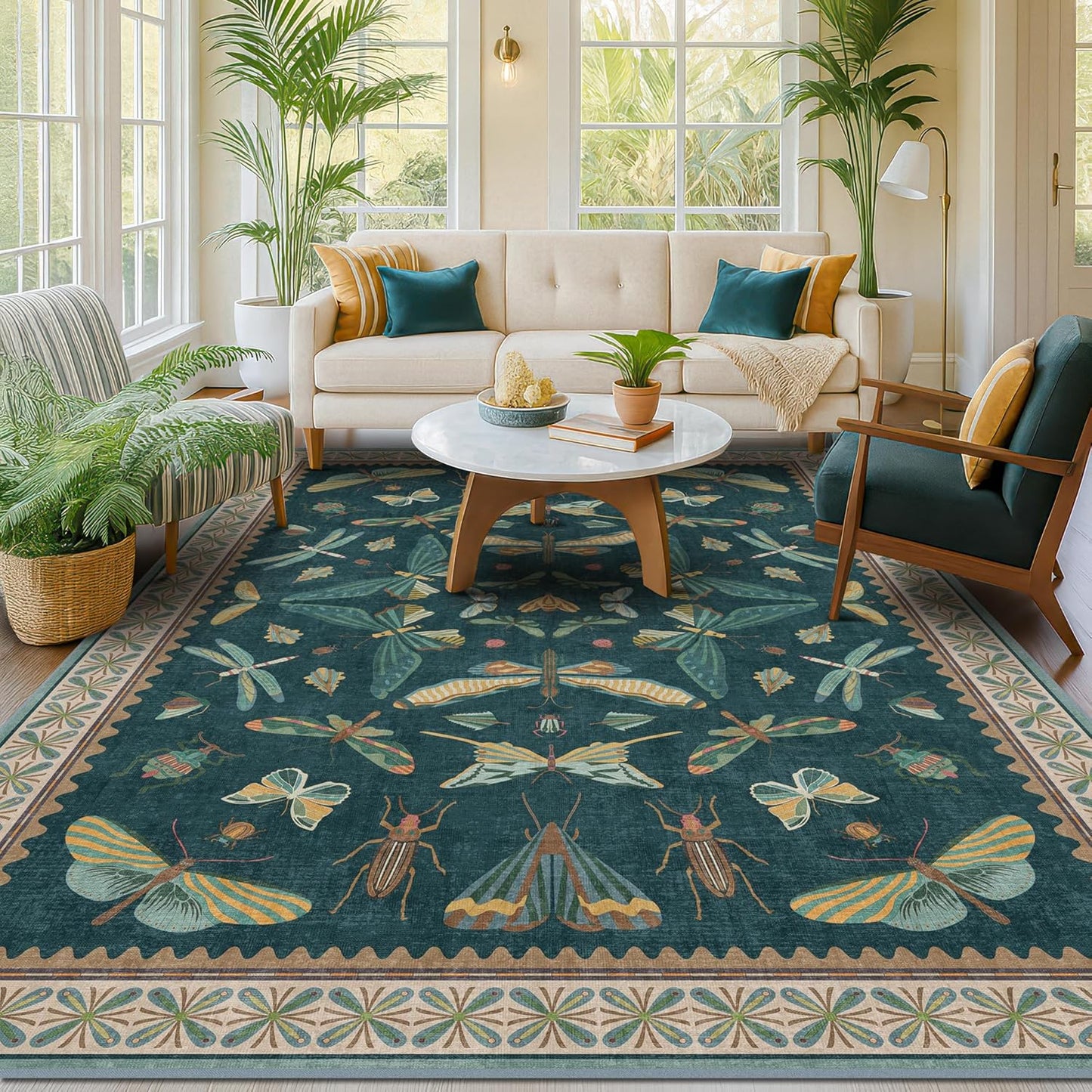 Oriental Blue and Green Area Rugs for Living Room 6x9 - Insect & Butterfly Dining Table Rug, Bedroom Boys, Washable Non Skid Rubber Backed, Vintage Funky Home Décor
