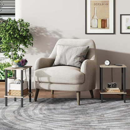 TUTOTAK End Table with Charging Station, Small Side Table with Outlets, Nightstand Bedside Table, 2-Tier Storage Shelf for Small Space, Living Room, Bedroom, Greige TB01BG040