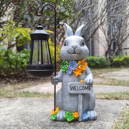 Solar Rabbit Garden Statues Outdoor Décor with Lantern- Rabbit Figurines Solar LED Light Lawn Ornaments - Yard Decorations for Patio, Balcony, Backyard -Unique House Warming Gifts for Mom
